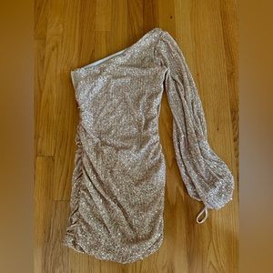 Lucy in the Sky one shoulder sparkly pink dress.